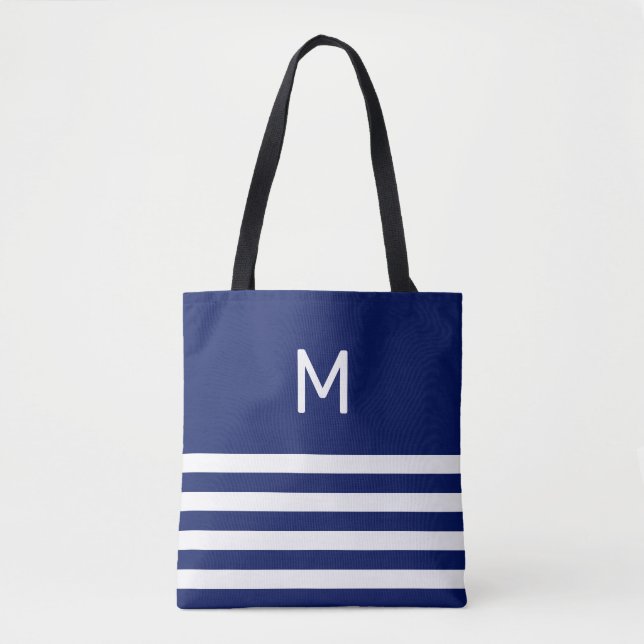 Monogramm auf blau-weiß Streifen Tasche (Vorderseite)