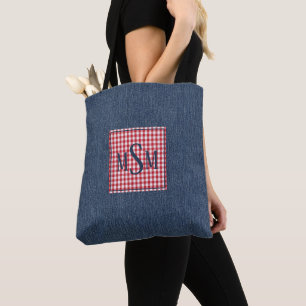 Monogramm auf dunklem Denimdruck Schulter Tasche
