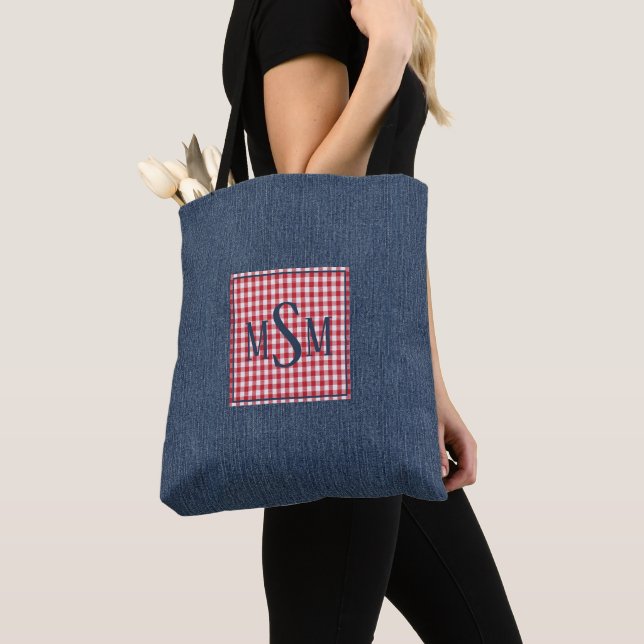 Monogramm auf dunklem Denimdruck Schulter Tasche (Von Nahem)
