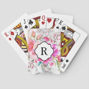 Monogramm auf fett rosa Blume und Goldmarmor Spielkarten