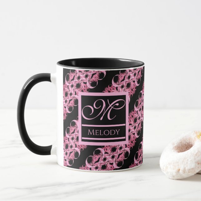 Monogramm auf Fraktal rosa und schwarz Tasse (Mit Donut)