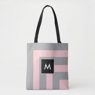 Monogramm auf hellgrau und rosa gestreiftem tasche