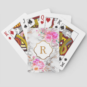 Monogramm auf kräftigen rosa Blumen, Gold und weiß Spielkarten