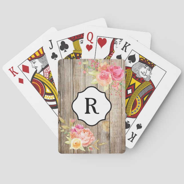 Monogramm auf rosa Blume und rustikales Holz Spielkarten (Rückseite)