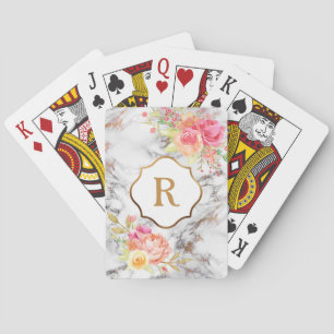 Monogramm auf rosa Blumen und Gold- und weißem Mar Spielkarten
