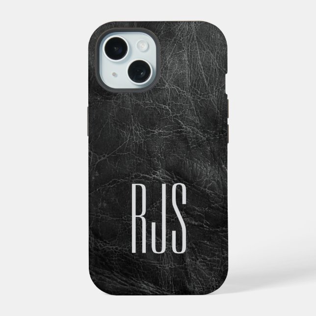 Monogramm auf schwarzem Leder iPhone 15 Hülle (Rückseite)