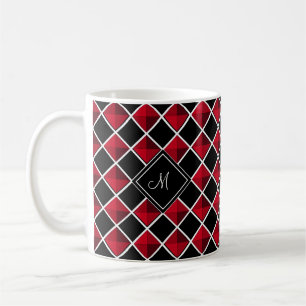 Monogramm auf schwarzem roten Diamantmuster Kaffeetasse