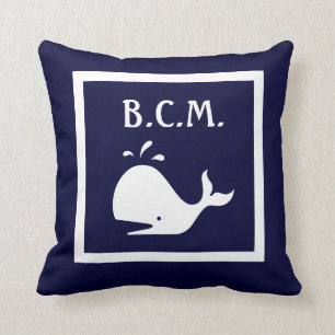 Monogramm auf Wal u. Anker WEISS auf BLAUEM KISSEN