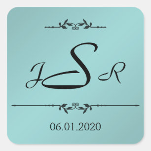Monogramm-Aufkleber für Aqua und Black Elegant Quadratischer Aufkleber