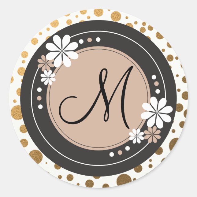 Monogramm-Aufkleber für Gold-Punkte: Blumenrahmen Runder Aufkleber (Vorderseite)