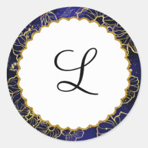 Monogramm-Aufkleber für Navy Blue und Gold Floral