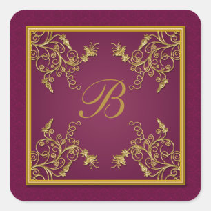 Monogramm-Aufkleber für Pflaumenwein und Goldflore Quadratischer Aufkleber