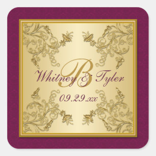 Monogramm-Aufkleber für Pflaumenwein und Goldflore Quadratischer Aufkleber