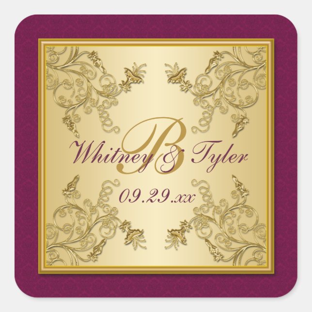 Monogramm-Aufkleber für Pflaumenwein und Goldflore Quadratischer Aufkleber (Vorderseite)