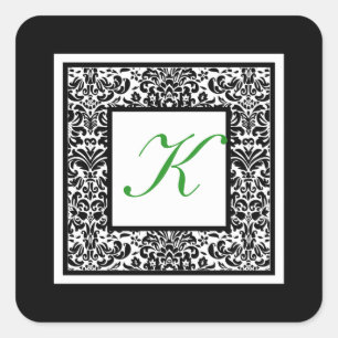 Monogramm-Aufkleber für Schwarz, Weiß und Grün Quadratischer Aufkleber