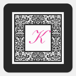 Monogramm-Aufkleber für Schwarz, Weiß und Rosa Dam Quadratischer Aufkleber