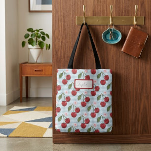 Monogramm aus blauem Gingham und Kirschen Tasche