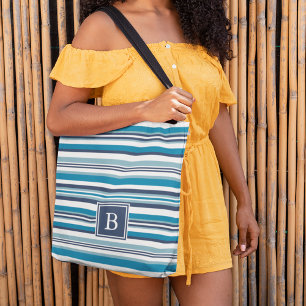 Monogramm aus blauem und weißem Multistreifen Tasche