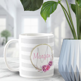 Monogramm aus elegantem, floralem Gold-Streifen Kaffeetasse