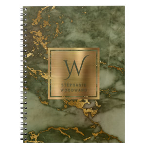 Monogramm aus elegantem Olive Green Gold-Marmor Notizblock