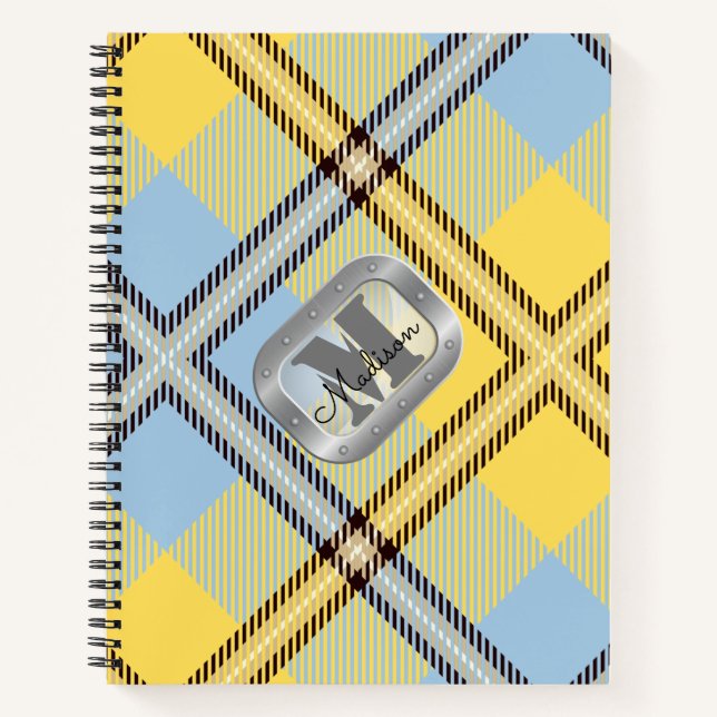 Monogramm aus gelbem Kariertem Tartan-Metallic-Sta Notizbuch (Vorderseite)