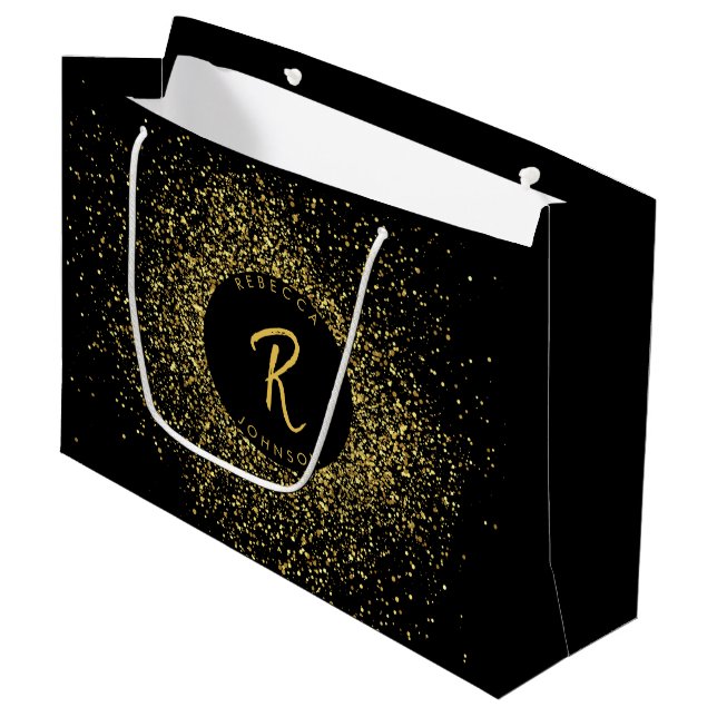Monogramm aus Glitzer und Schwarz Große Geschenktüte (Vorderseite Schrägansicht)