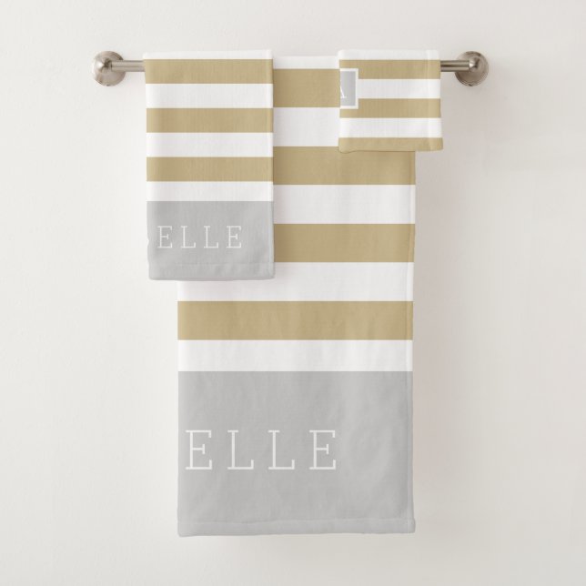 Monogramm aus Gold und grauen Streifen | Editierba Badhandtuch Set (Insitu)