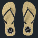 Monogramm aus Gold und Schwarz Flip Flops<br><div class="desc">Maßgeschneiderte gedreht Flop Sandalen mit einem niedlichen gürtelförmigen Polka-Punktmuster und einem eigenen Monogramm oder einem anderen Text in einem Kreisrahmen. Klicken Sie auf Anpassen,  um Schriftart und Farben zu ändern oder eigene Bilder hinzuzufügen,  um ein einzigartiges Design zu erstellen!</div>