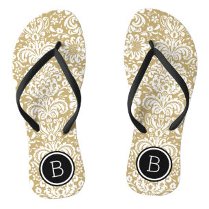 Monogramm aus Gold und schwarzem Floral Flip Flops