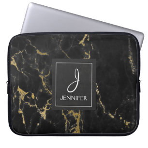 Monogramm aus Gold und schwarzem Marmor Laptopschutzhülle