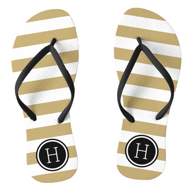 Monogramm aus Gold und schwarzen Preppy Streifen Flip Flops (Fußbett)