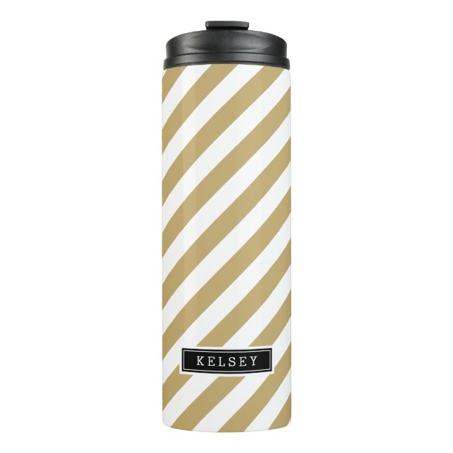 Monogramm aus Gold und schwarzen Preppy Streifen Thermosbecher (Vorderseite)