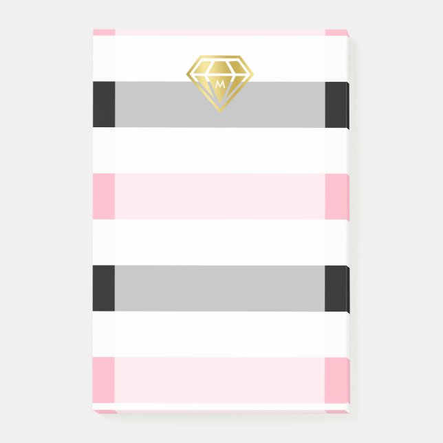 Monogramm aus goldenen Diamanten und rosa Streifen Post-it Klebezettel (Vorderseite)