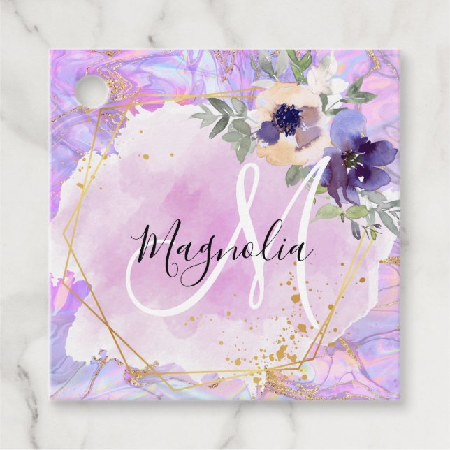 Monogramm aus Lila, rosa und goldfarbenem Rainbow- Geschenkanhänger (Vorderseite)