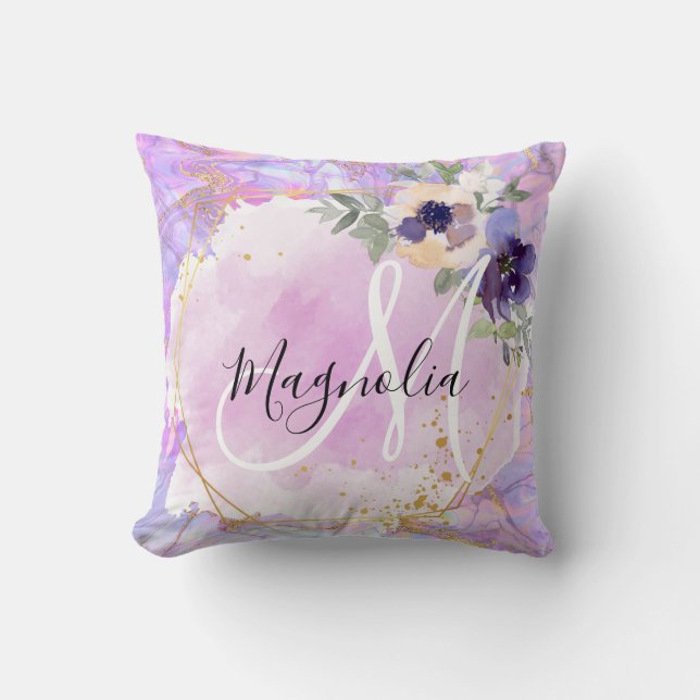 Monogramm aus Lila, rosa und goldfarbenem Rainbow- Kissen (Vorderseite)