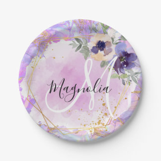 Monogramm aus Lila, rosa und goldfarbenem Rainbow- Pappteller