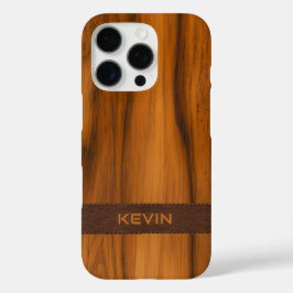 Monogramm aus Mahagoniholz und Leder iPhone 16 Pro Hülle