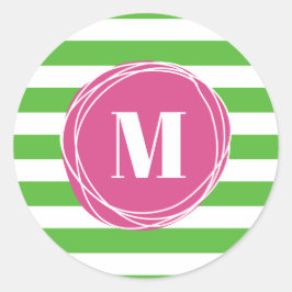 Monogramm aus modernen rosa und grünen Streifen Runder Aufkleber