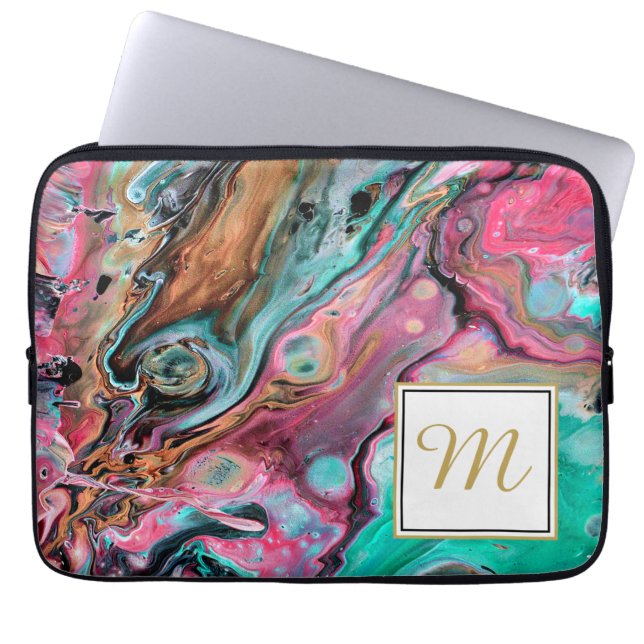 Monogramm aus rosa und grünem Marmor Laptopschutzhülle (Vorderseite)