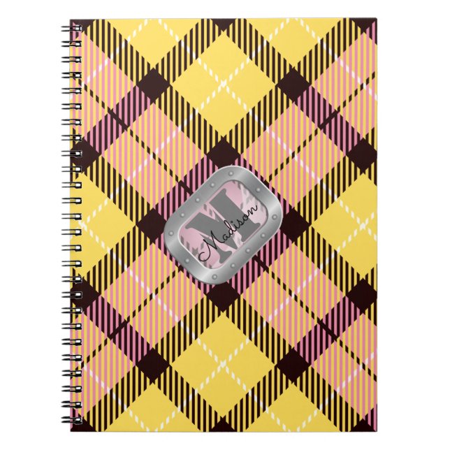 Monogramm aus rosafarbenem, Kariertem Tartan-Metal Notizblock (Vorderseite)