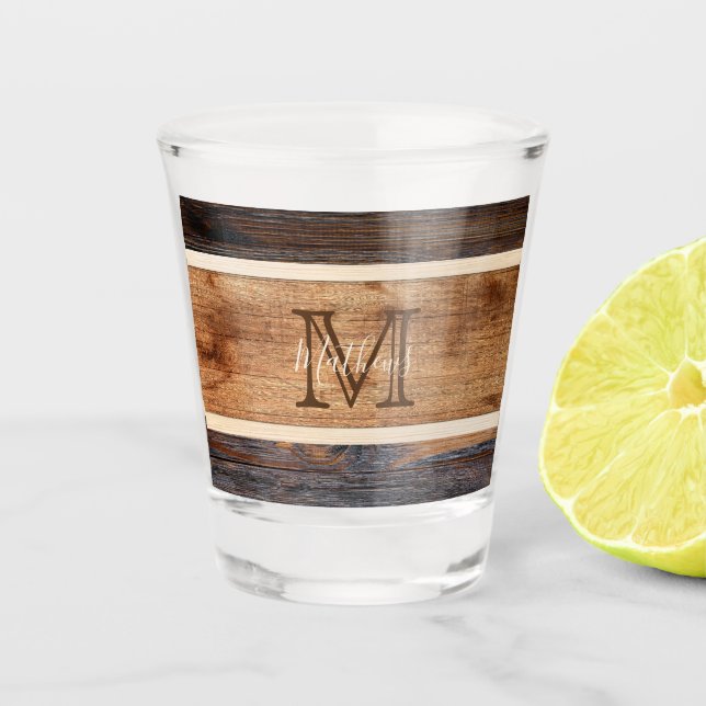 Monogramm aus rustikalem Holztonband Schnapsglas (Vorderseite)