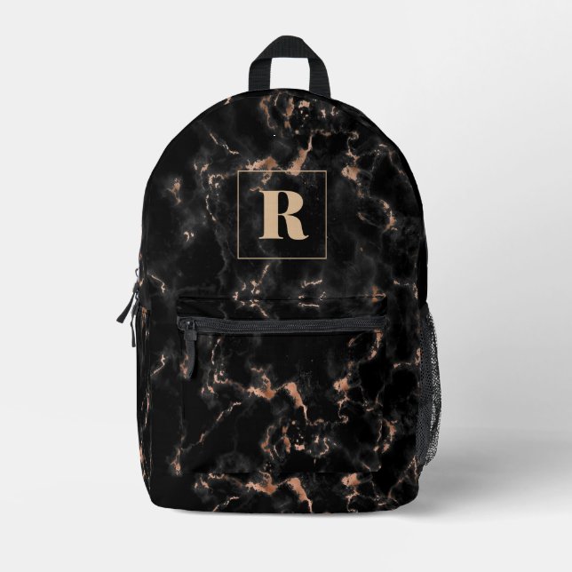 Monogramm aus schwarzem und Rose-Gold-Marmor Bedruckter Rucksack (Vorderseite)