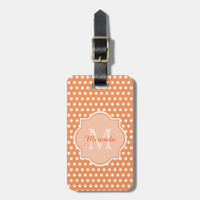 Monogramm aus weichem Orangenpolka mit Name Gepäckanhänger (Vorderseite vertikal)