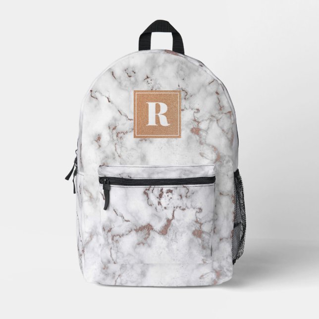 Monogramm aus weißem und Rose-Gold-Marmor Bedruckter Rucksack (Vorderseite)