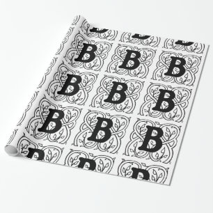 Monogramm B Initial Black and White Floral Pattern Geschenkpapier