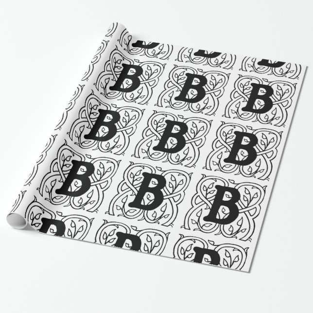 Monogramm B Initial Black and White Floral Pattern Geschenkpapier (Ungerollt)