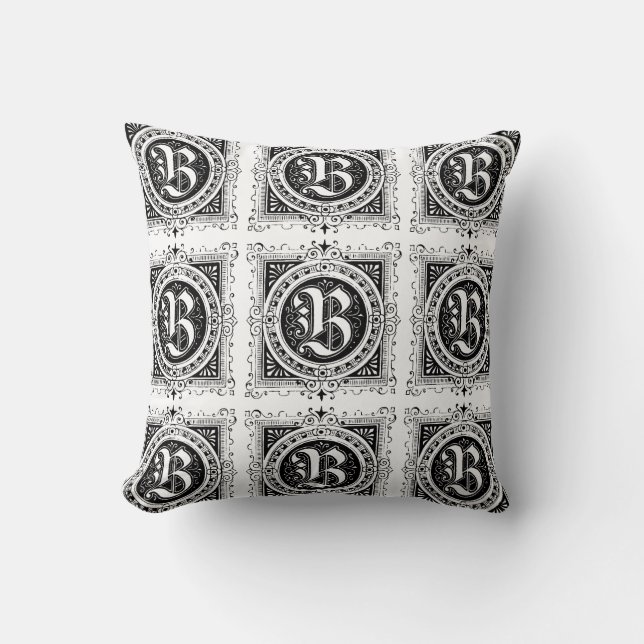 Monogramm B Initial Black and White Floral Pattern Kissen (Vorderseite)