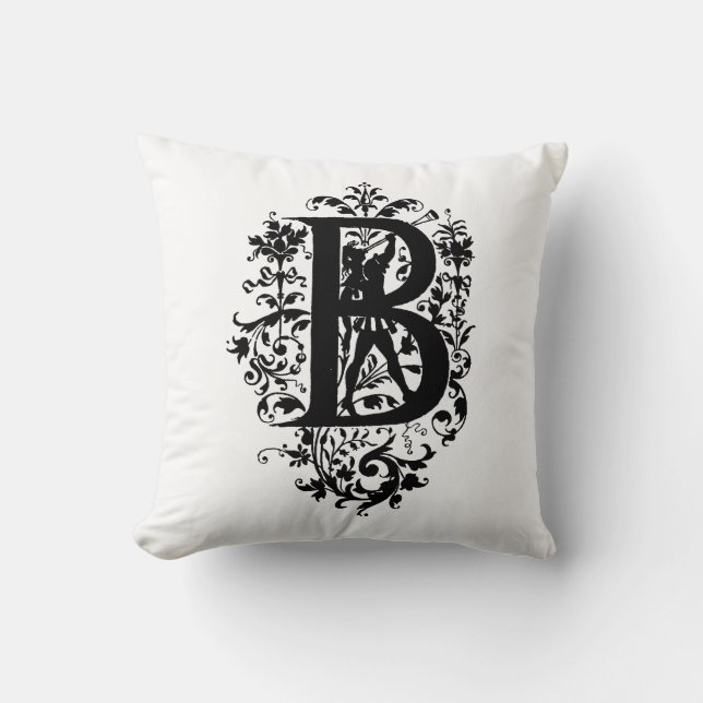Monogramm B Initial Black and White Floral Pattern Kissen (Vorderseite)