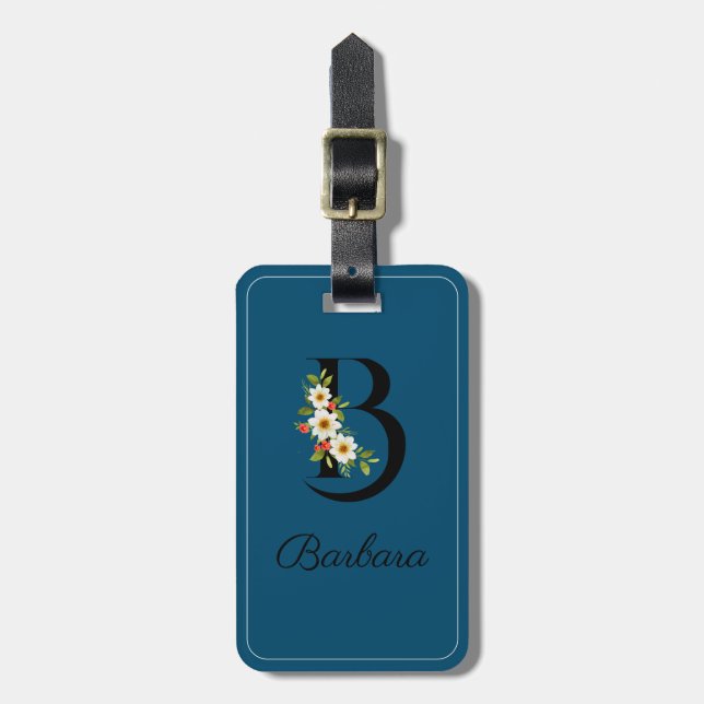 Monogramm B Kobalt Aquarell Blume Gepäckstück Gepäckanhänger (Vorderseite vertikal)