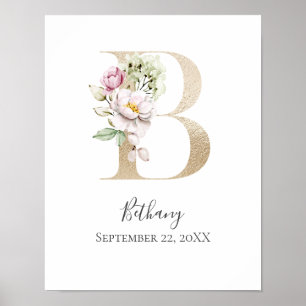Monogramm B Pink Weiße Blumen Gold Buchstabe Kinde Poster